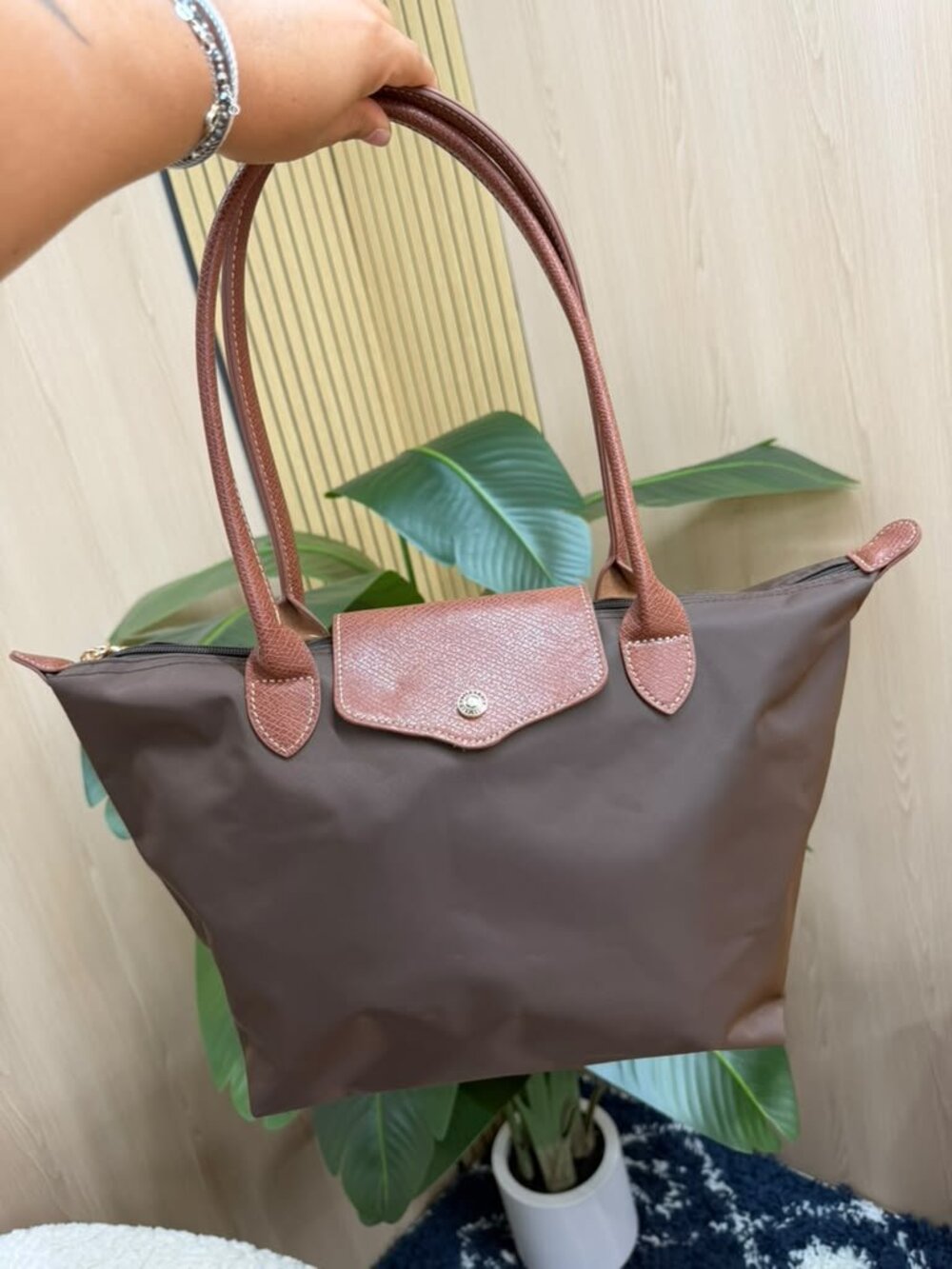 Coffee Nylon Tote Bag with Faux Leather Trim & Zip Closure